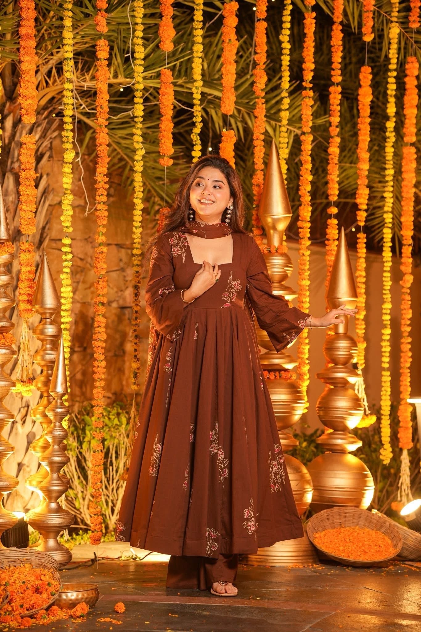Beautiful Brown Printed Cotton Anarkali Suit