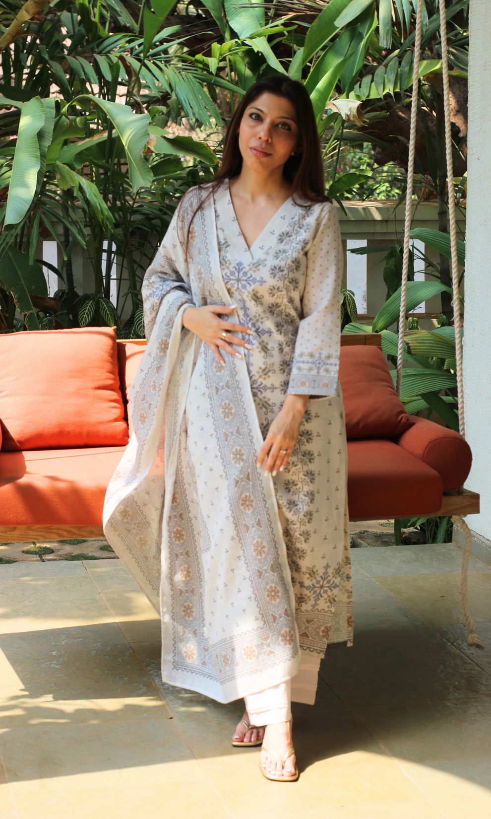 Ivory Calm Mosaic Kurta , Dupatta with Cotton Pants