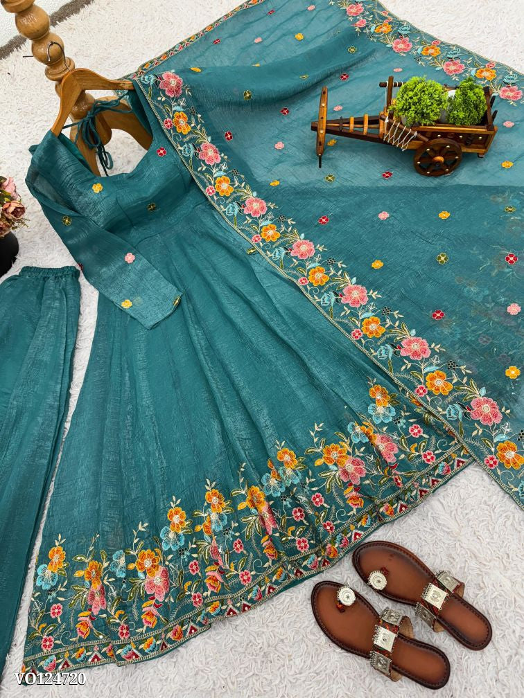 Beautiful Floral Embroidered Teal Green Anarkali Sharara Set