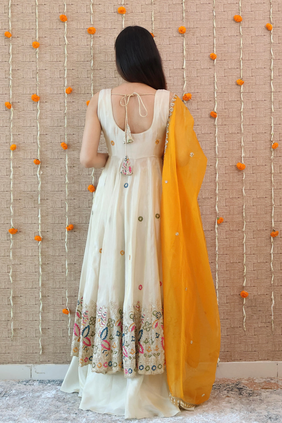 Ivory and Mustard Embroidered Anarkali Set