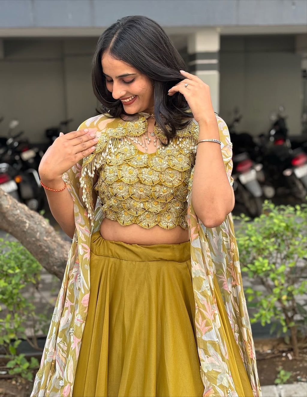Mustard Yellow Floral Lehenga Set with Embroidered Blouse & Cape Dupatta