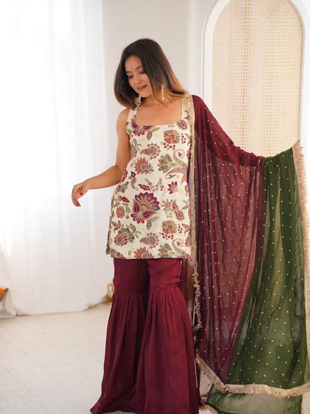 Floral Printed Sharara Set with Maroon Gharara & Net Dupatta