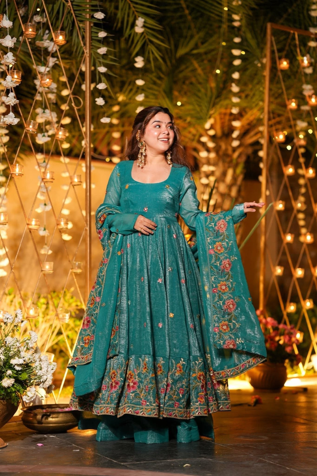 Beautiful Floral Embroidered Teal Green Anarkali Sharara Set
