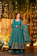 Beautiful Floral Embroidered Teal Green Anarkali Sharara Set