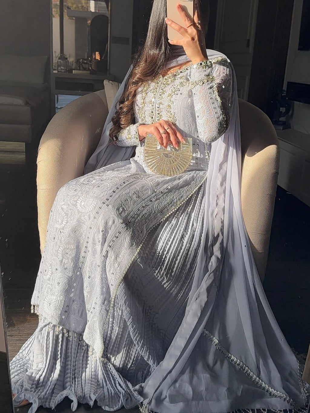 Ice Blue Embroidered Sharara Set