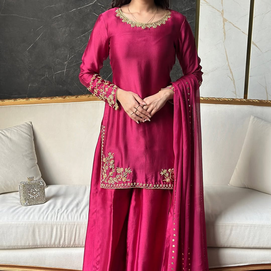 Fuchsia Embroidered Pakistani Suit Palazzo Set