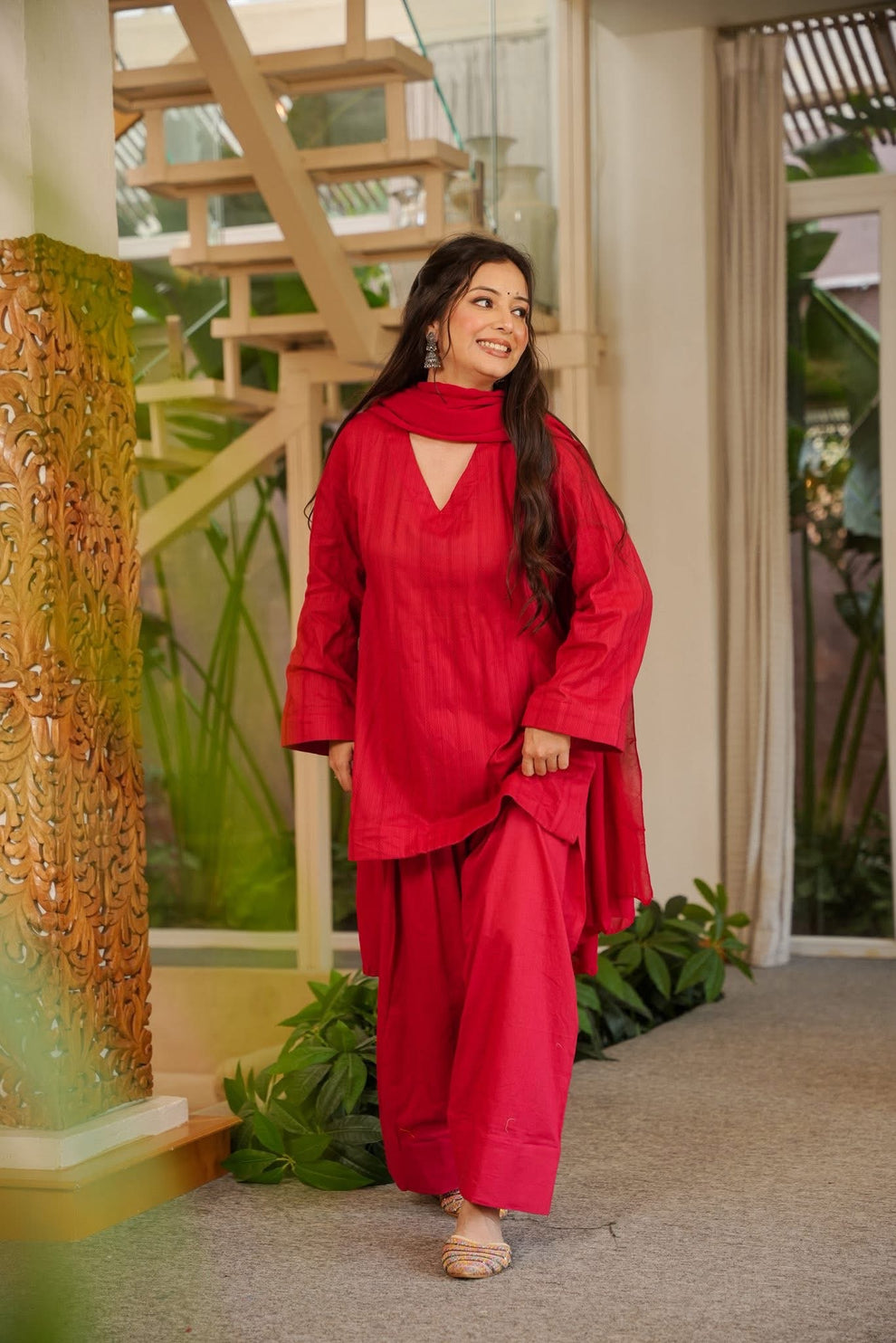 Red Cotton Farshi Salwar Suit