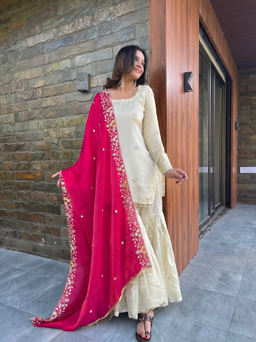 Ivory Sharara Set with Pink Dupatta
