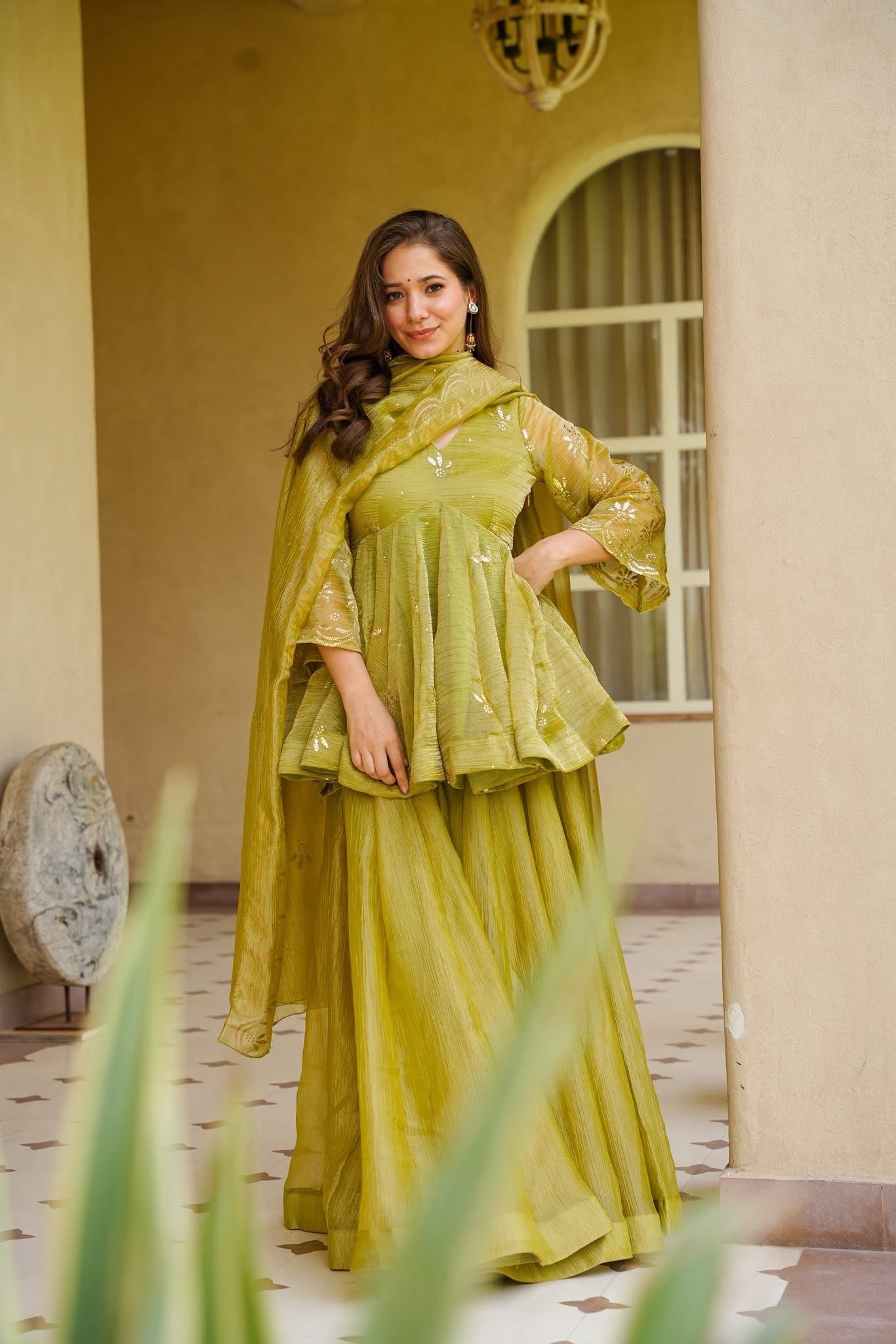 Wedding Wear Green Top- Sharara Set