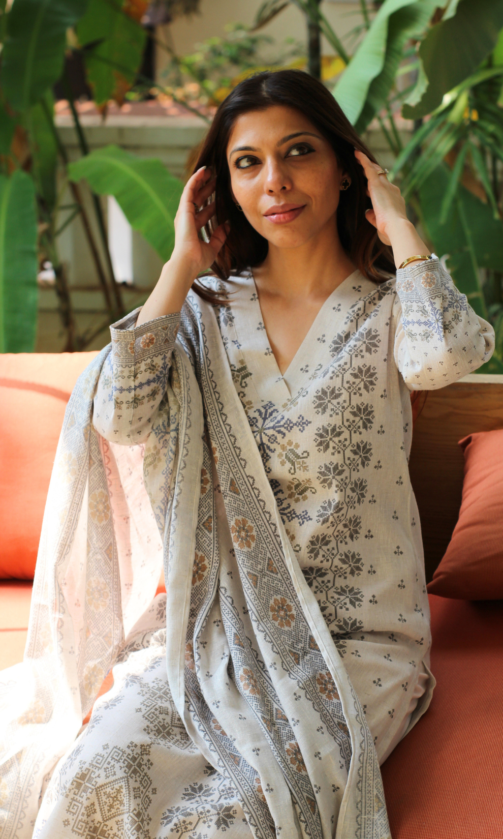 Ivory Calm Mosaic Kurta , Dupatta with Cotton Pants