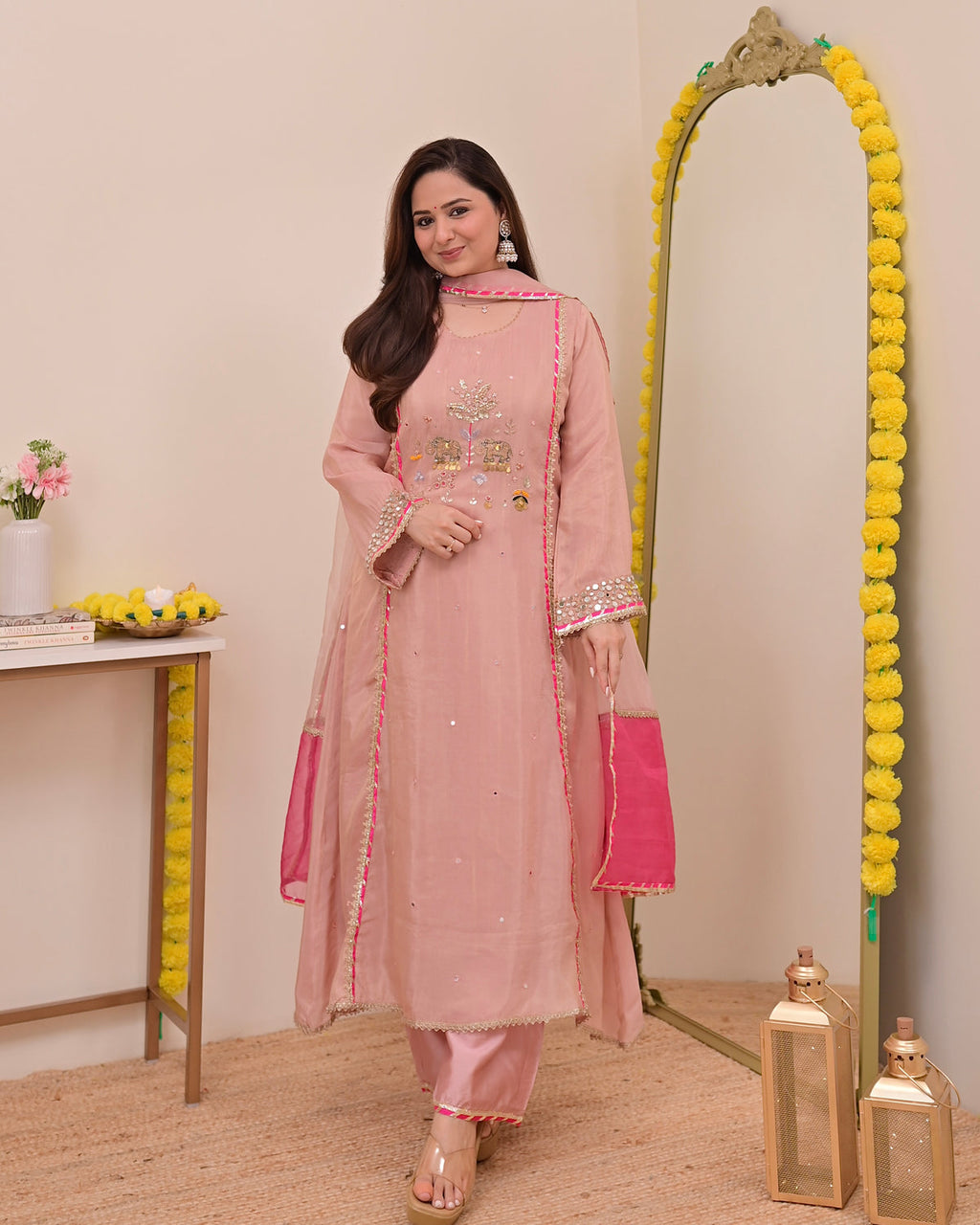 Gulabi Mul Chanderi Handwork A Line Suit