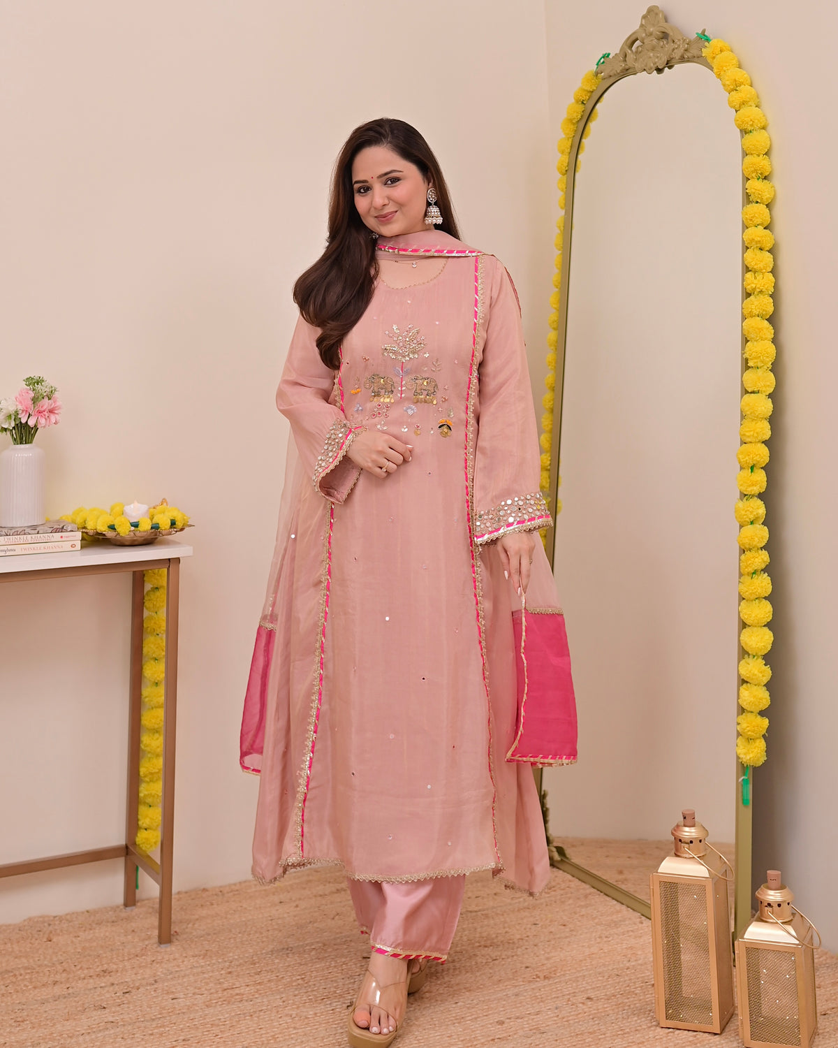 Gulabi Mul Chanderi Handwork A Line Suit
