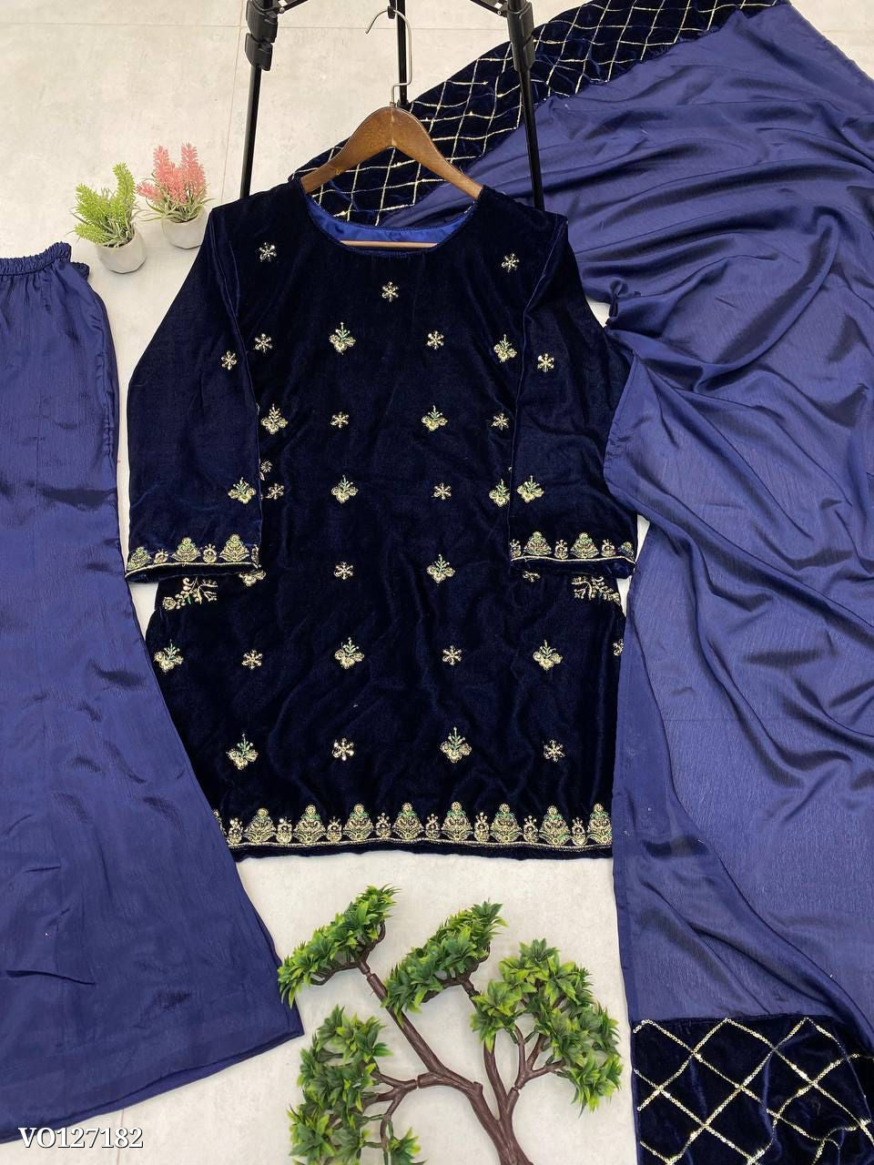 Surmai Velvet  Embroidered Sequence Kurta Sharara Set