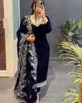 Midnight Blue Velvet Suit Set with Heavy Embroidered Dupatta