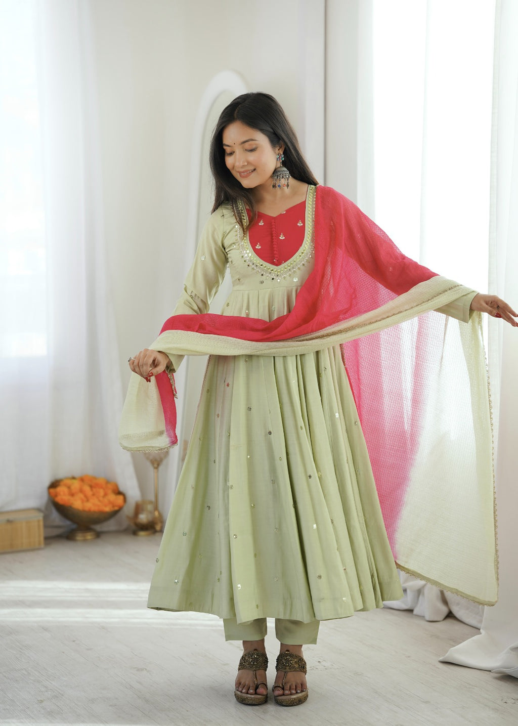 Beautiful Roman Silk Anarkali Suit Set