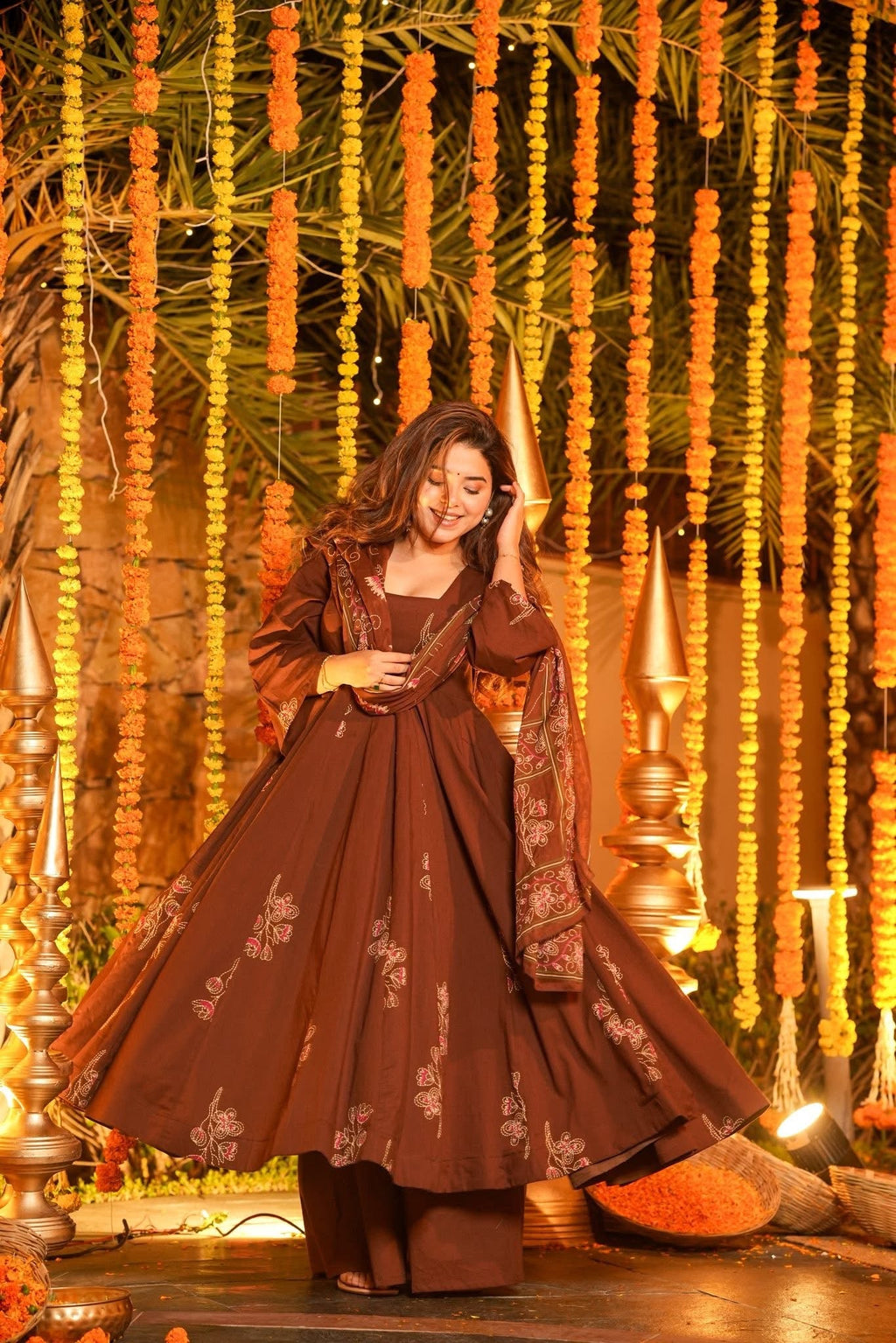 Beautiful Brown Printed Cotton Anarkali Suit