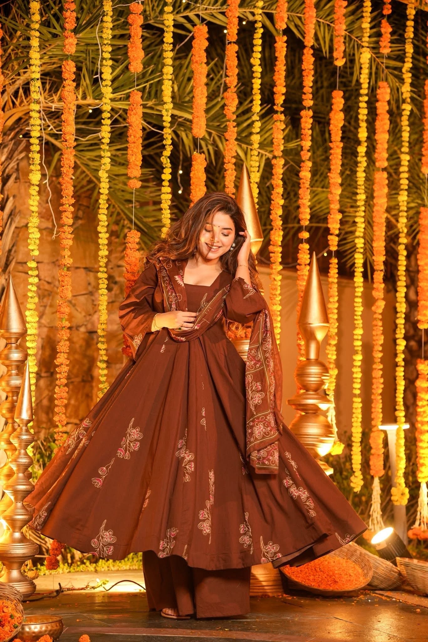 Beautiful Brown Printed Cotton Anarkali Suit