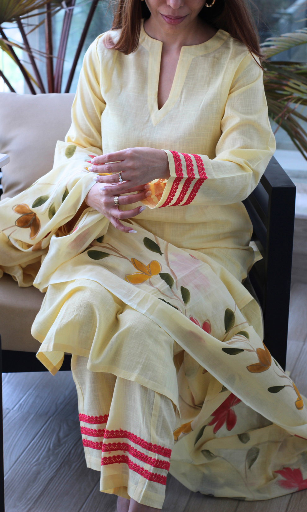 Cotton Yellow Hand-painted Kurta Set