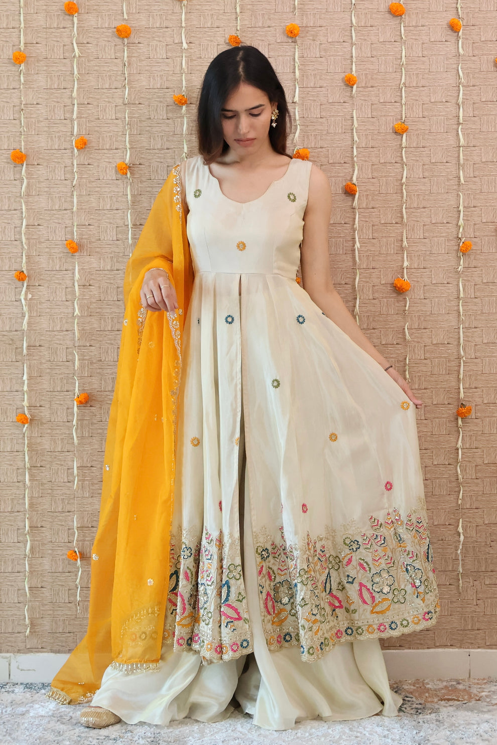 Ivory and Mustard Embroidered Anarkali Set