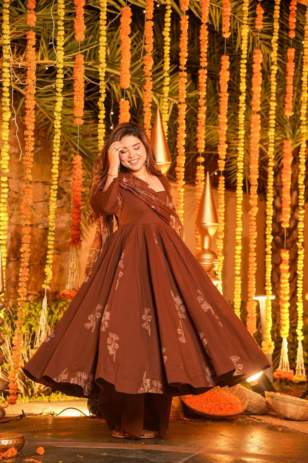 Beautiful Brown Printed Cotton Anarkali Suit