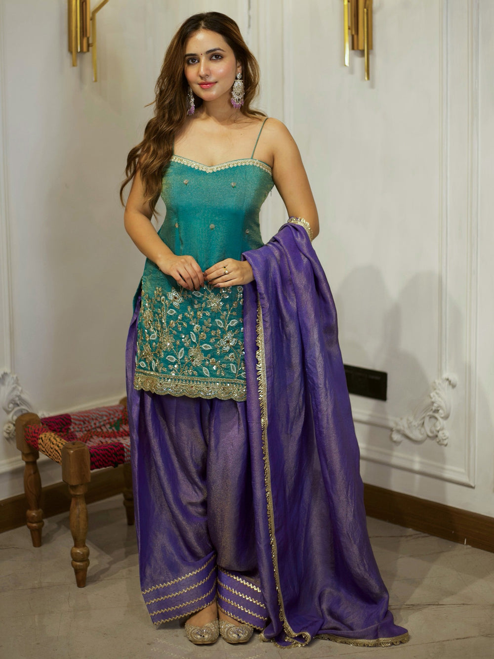 Beautiful Teal Green & Purple Embroidered patiyala suit
