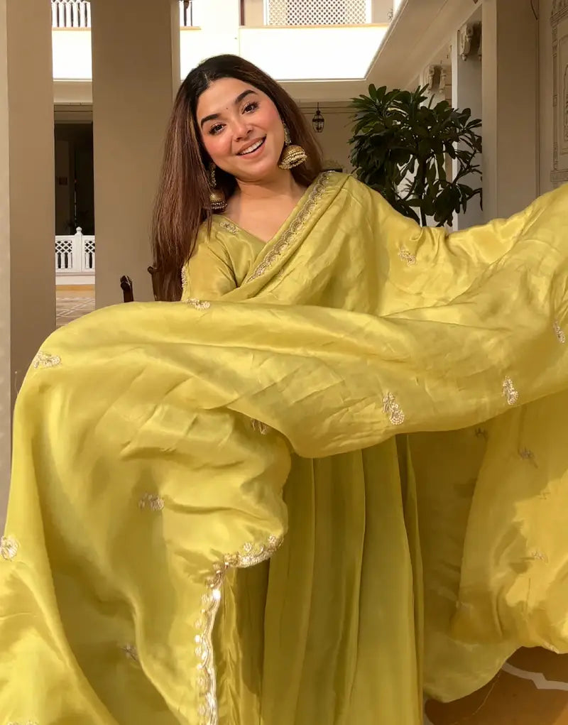 Beautiful Lemon Green Embroidered Anarkali Suit
