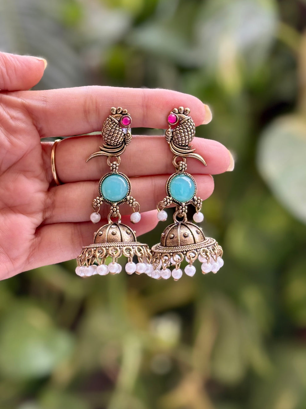 Antique Gold Peacock Ruby Pearl Jhumka Earrings