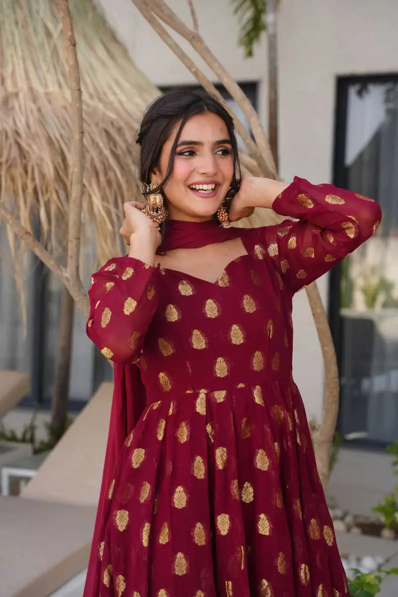 Beautiful Jacquard Maroon Anarkali Suit Set