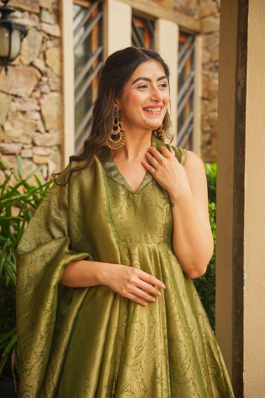 Beautiful Green Banarasi Cosmos Anarkali Suit Set