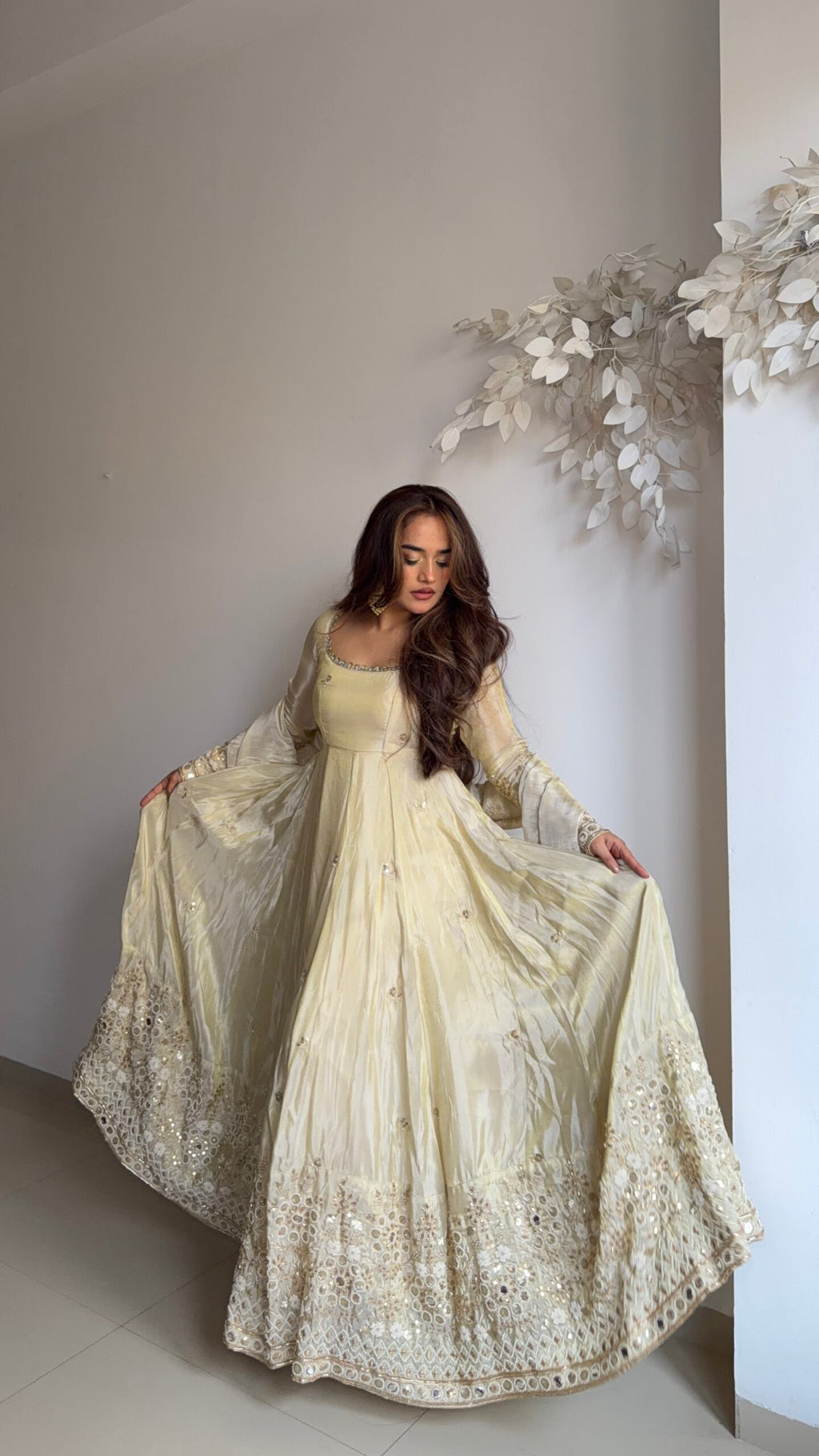 Beautiful Cream Anarkali Suit Set With Sequence Work