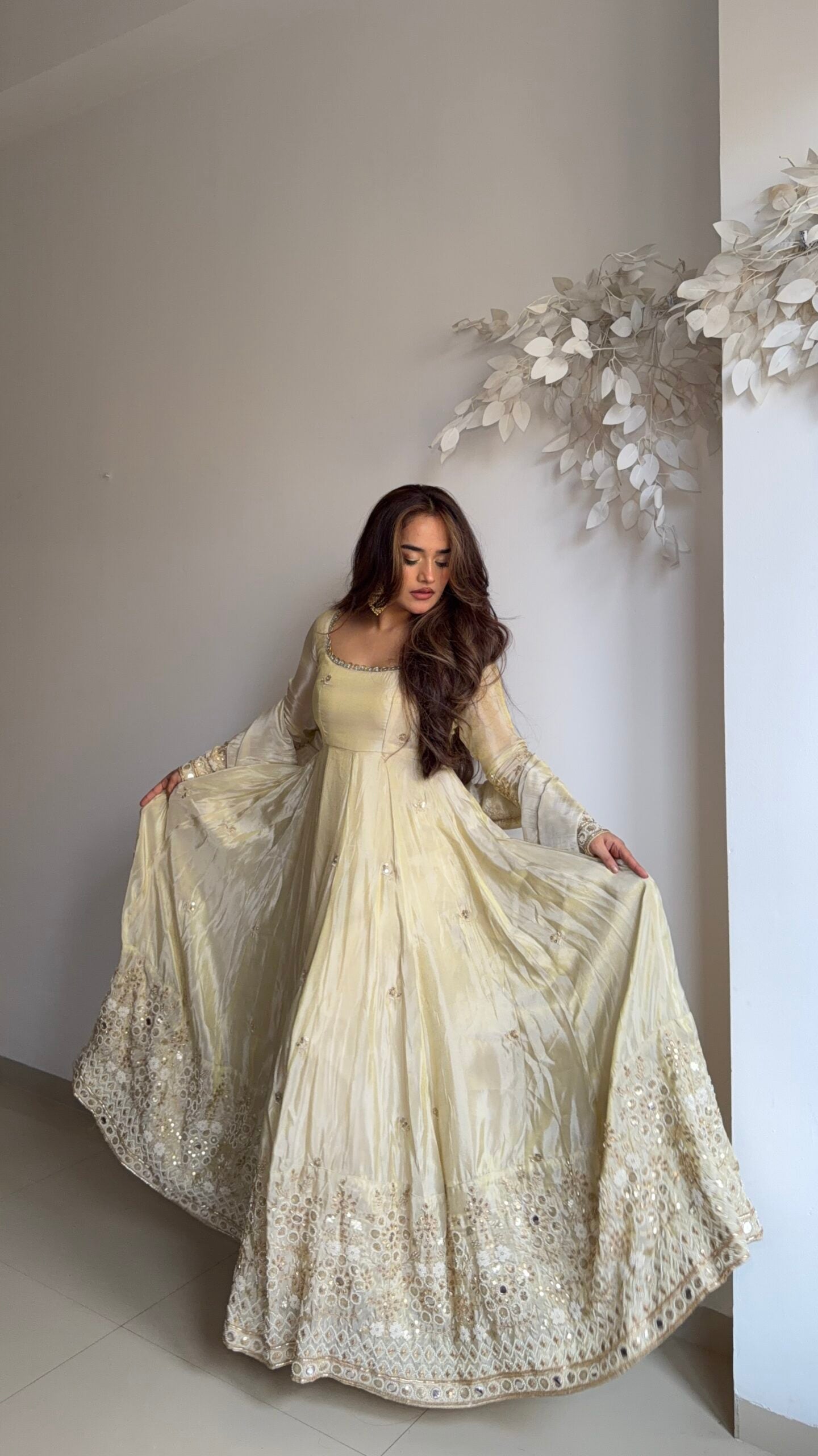 Beautiful Cream Anarkali Suit Set With Sequence Work