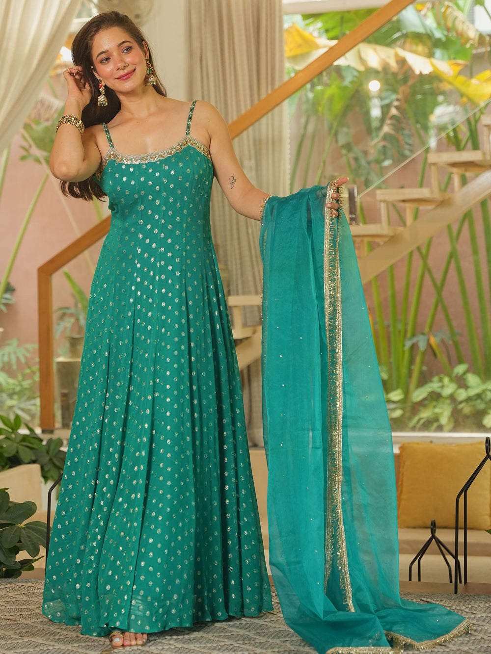 Teal Green Embroidered Anarkali Suit Set