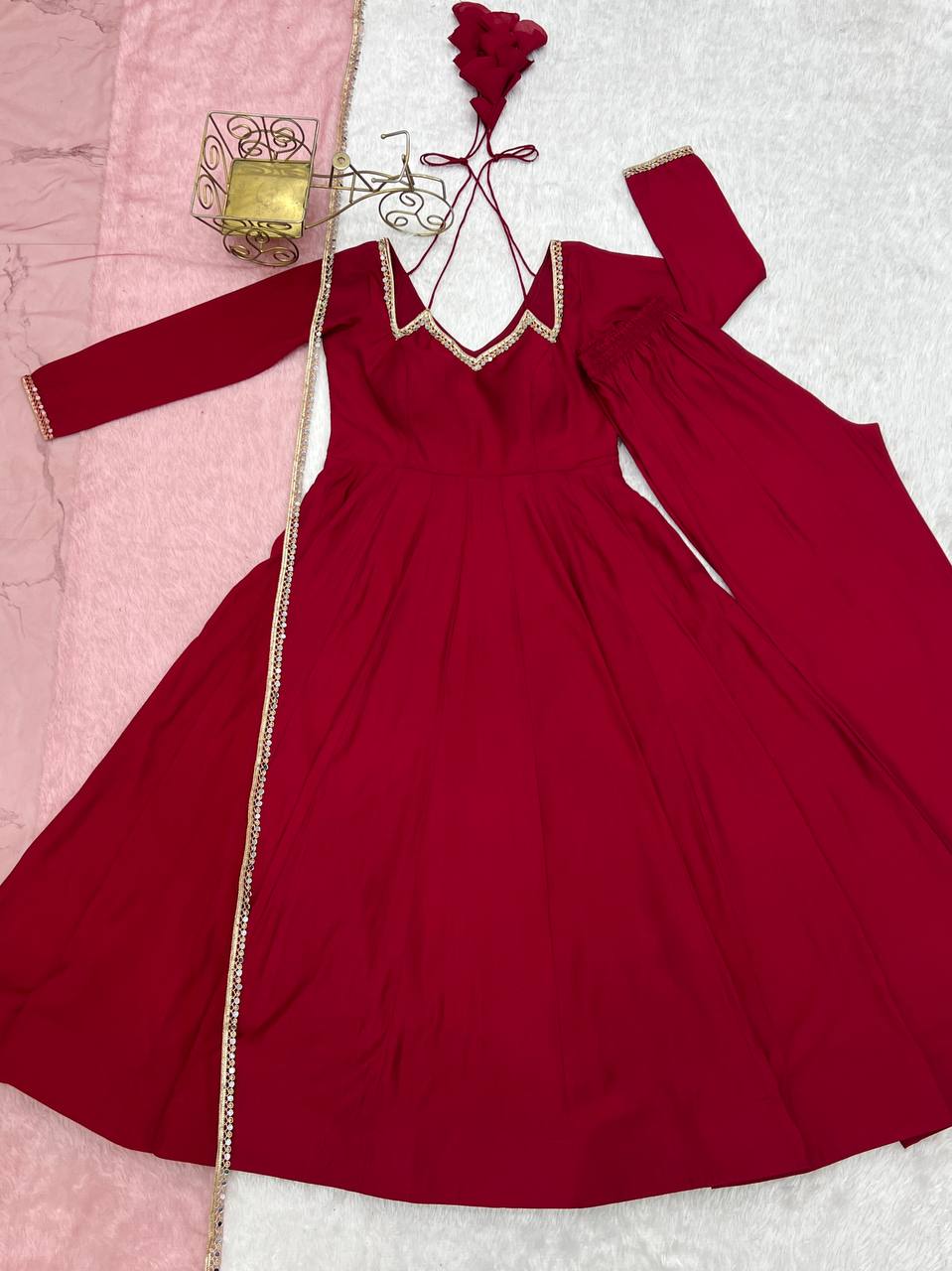 Pure Roman silk Chanderi Anarkali Suit Set