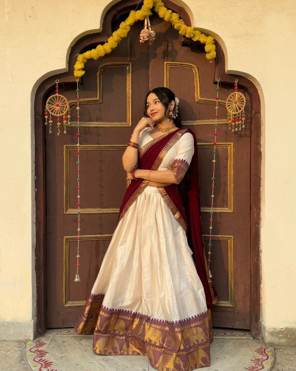 White And Maroon Color Poly Cotton Chex Onam Half Saree