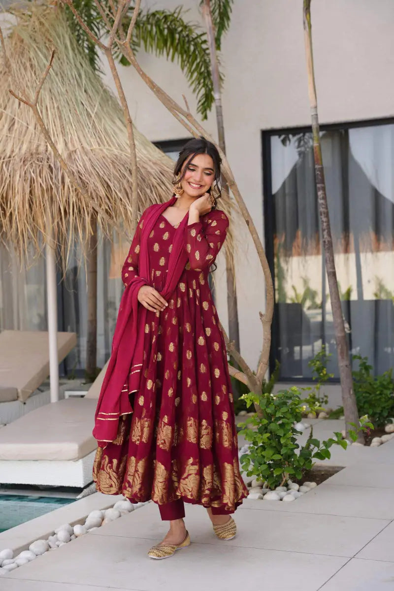 Beautiful Jacquard Maroon Anarkali Suit Set