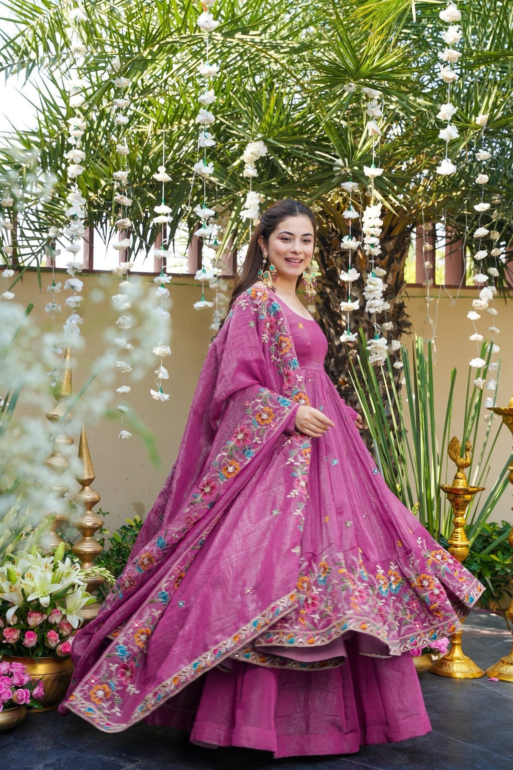 Beautiful Floral Embroidered Pink Anarkali Sharara Set