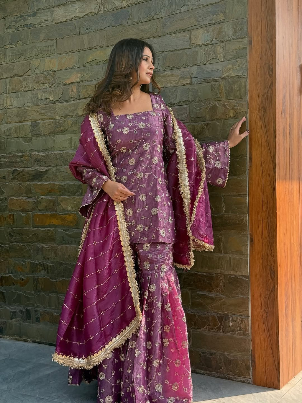 Plum Tissue Silk Embroidered Sharara Suit Set