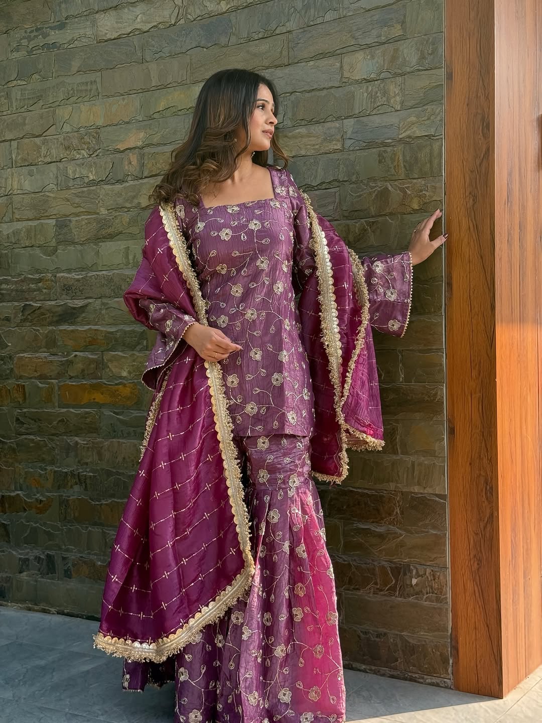 Plum Tissue Silk Embroidered Sharara Suit Set