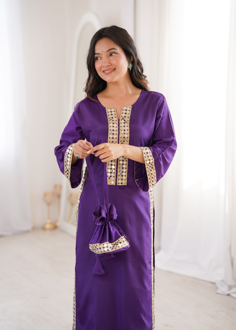Beautiful Mirror Work Kurta Pant Set With Potli