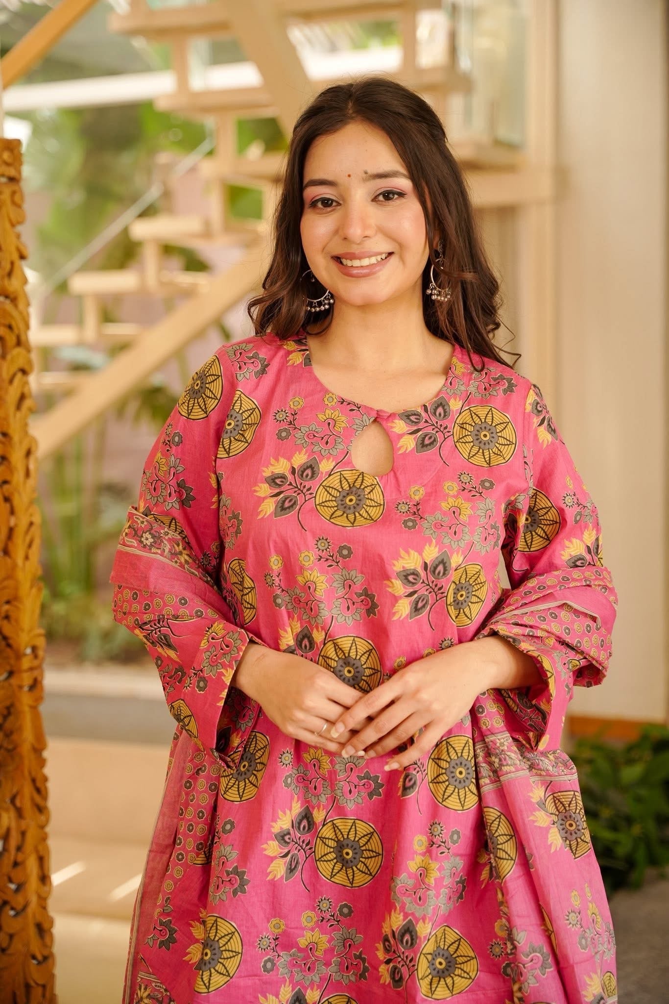 Printed Pink Cotton Farshi Salwar Suit Set