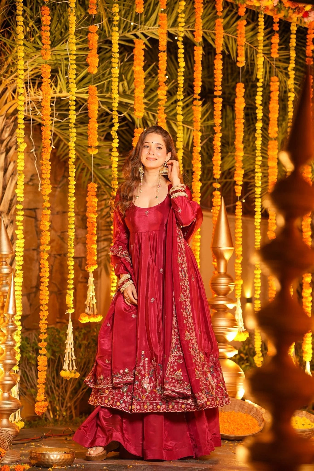 Traditional Chanderi Silk Embroidered Anarkali Suit Set