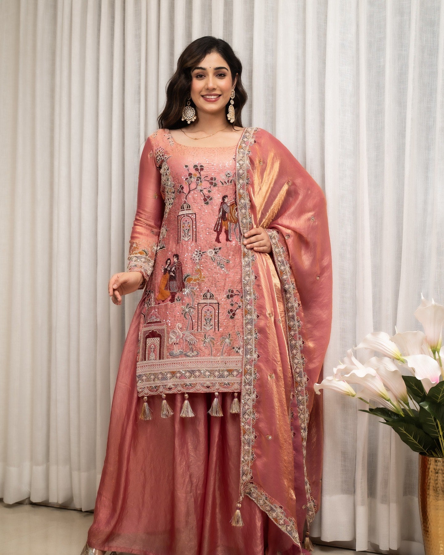 Rose Pink Embroidered Sharara Set with Elegant Dupatta