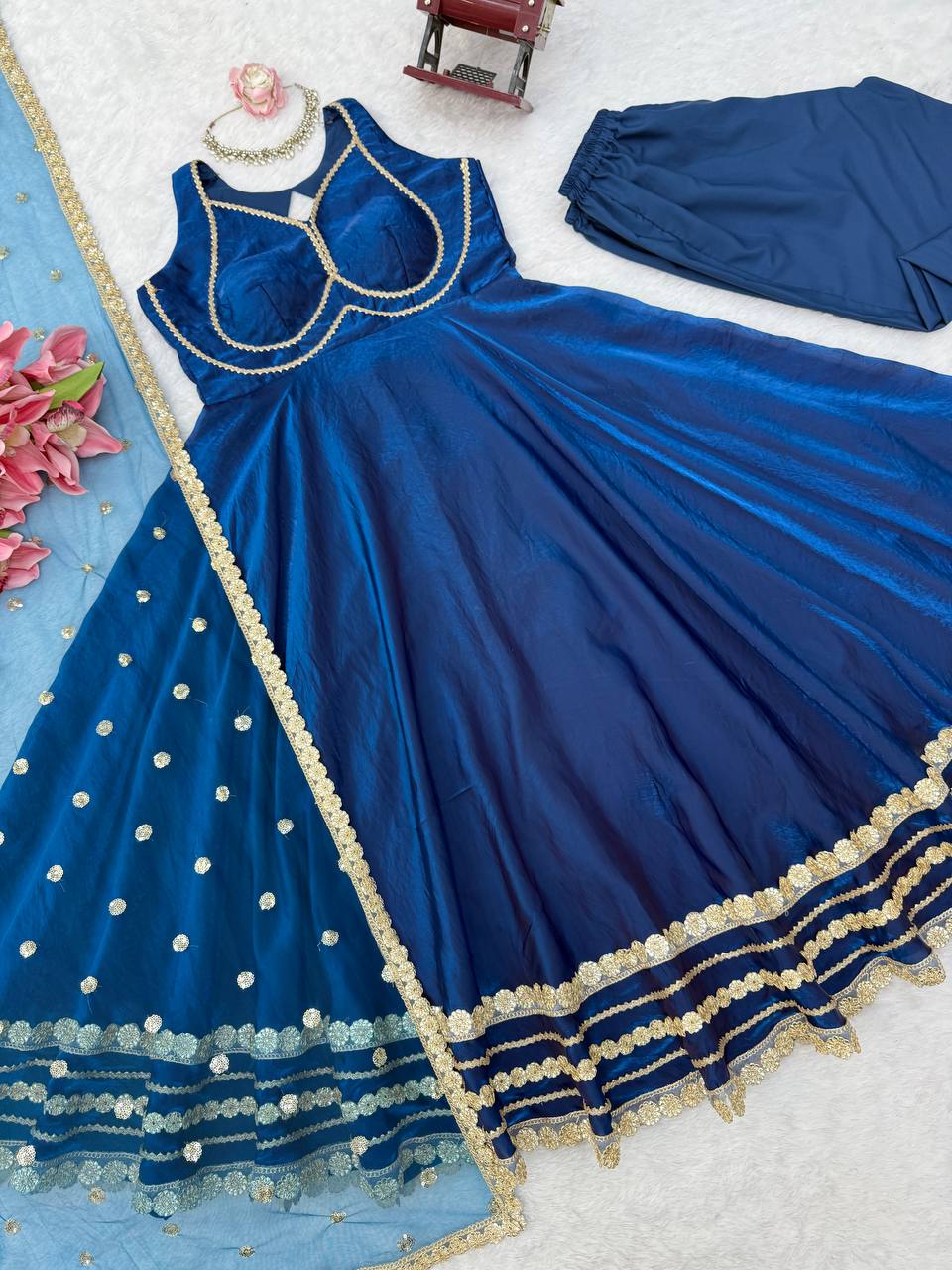 New Fendi Silk Lace Work Anarkali Suit Set