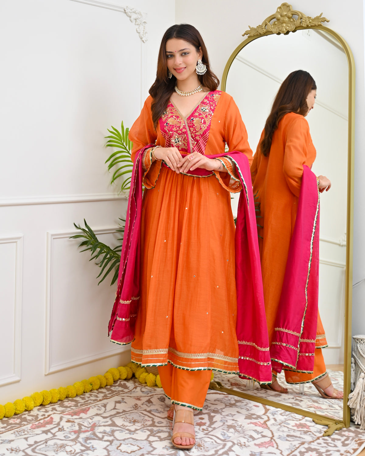 Kesariya A Line Mul Chanderi Handwork Suit