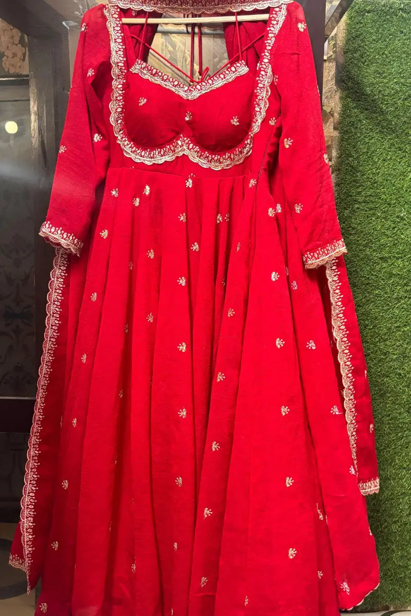 Beautiful Red Embroidered & Lace Work Anarkali Suit Set