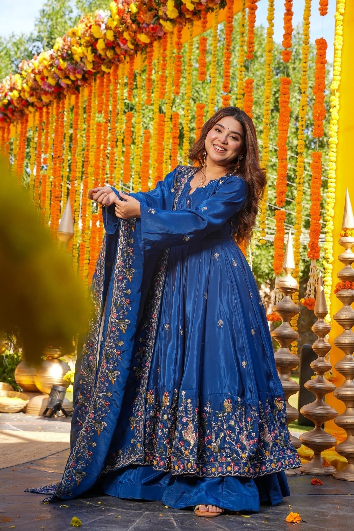 Trendy Blue Chanderi Silk Embroidered Anarkali Suit Set