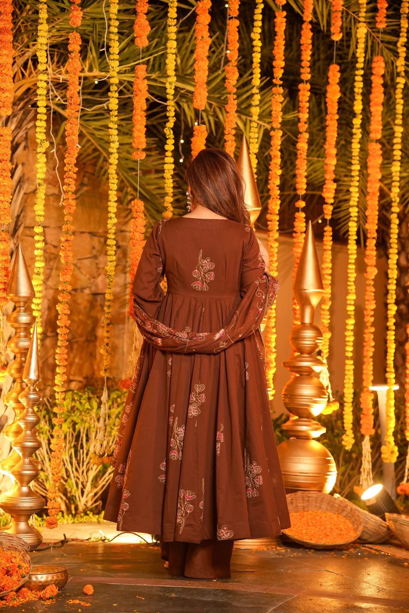 Beautiful Brown Printed Cotton Anarkali Suit