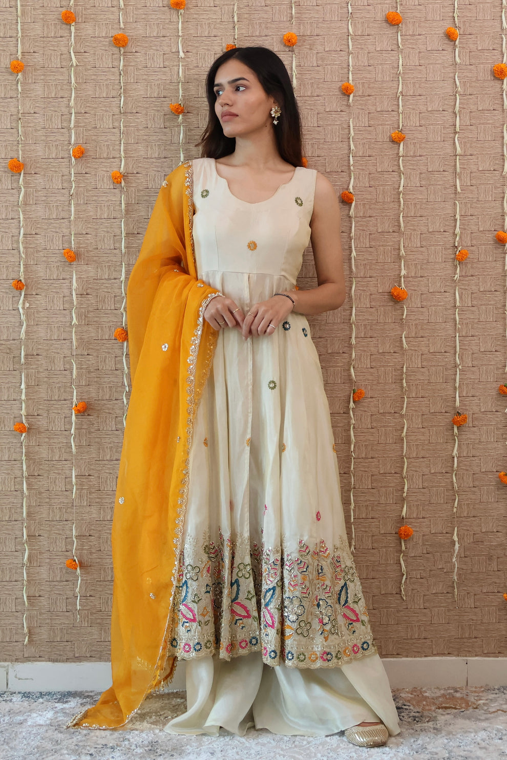 Ivory and Mustard Embroidered Anarkali Set