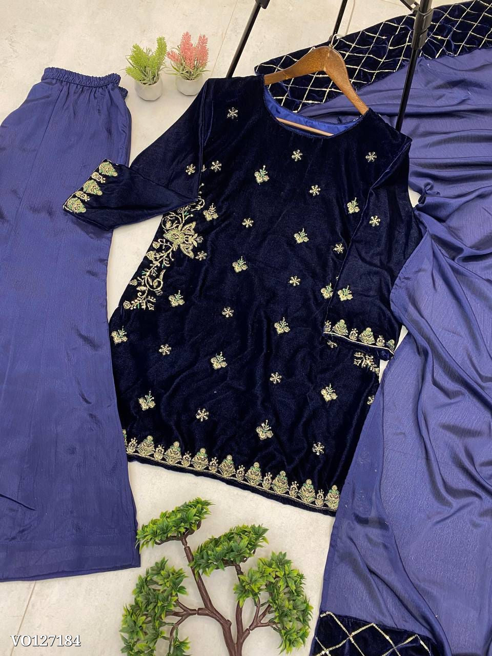 Surmai Velvet  Embroidered Sequence Kurta Sharara Set