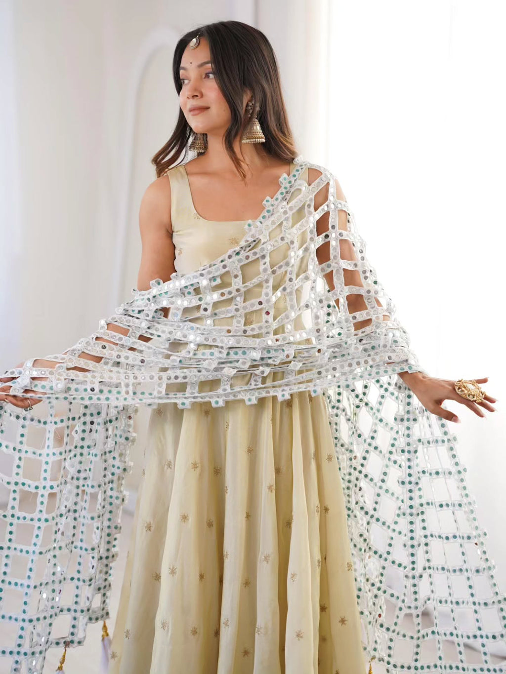 Beautiful Cosmos Silk Anarkali Suit With Trendy Mirror Work Duptta